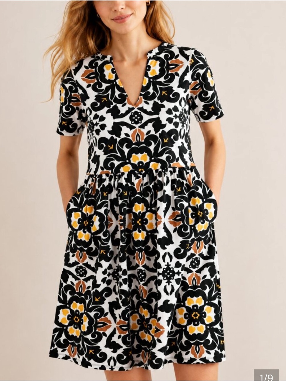 Boden Easy Notch Neck Jersey Dress Black & Yellow Size 14 EUC